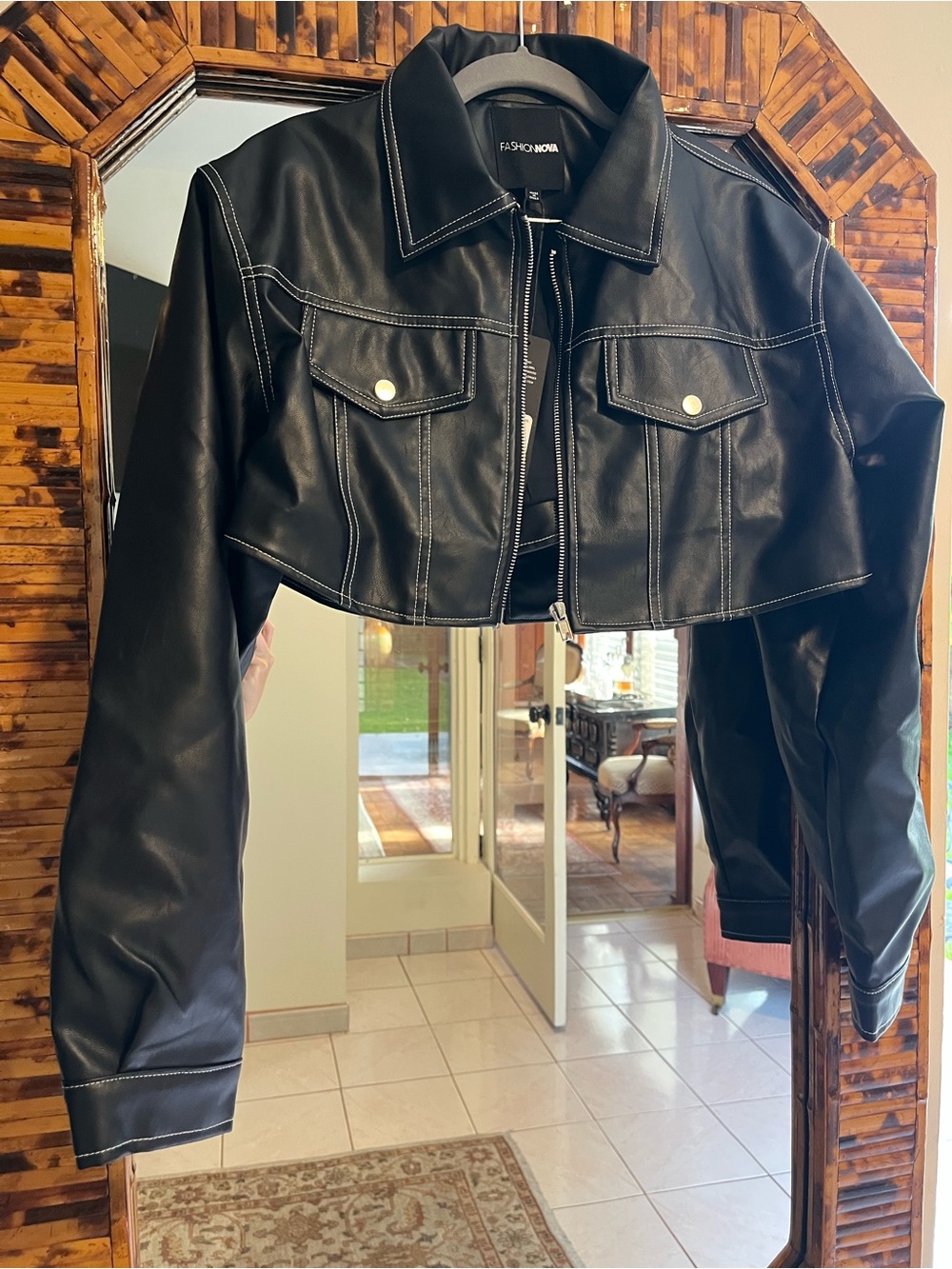 Fashion Nova Black Cropped Faux Leather Jacket with White Topstitching